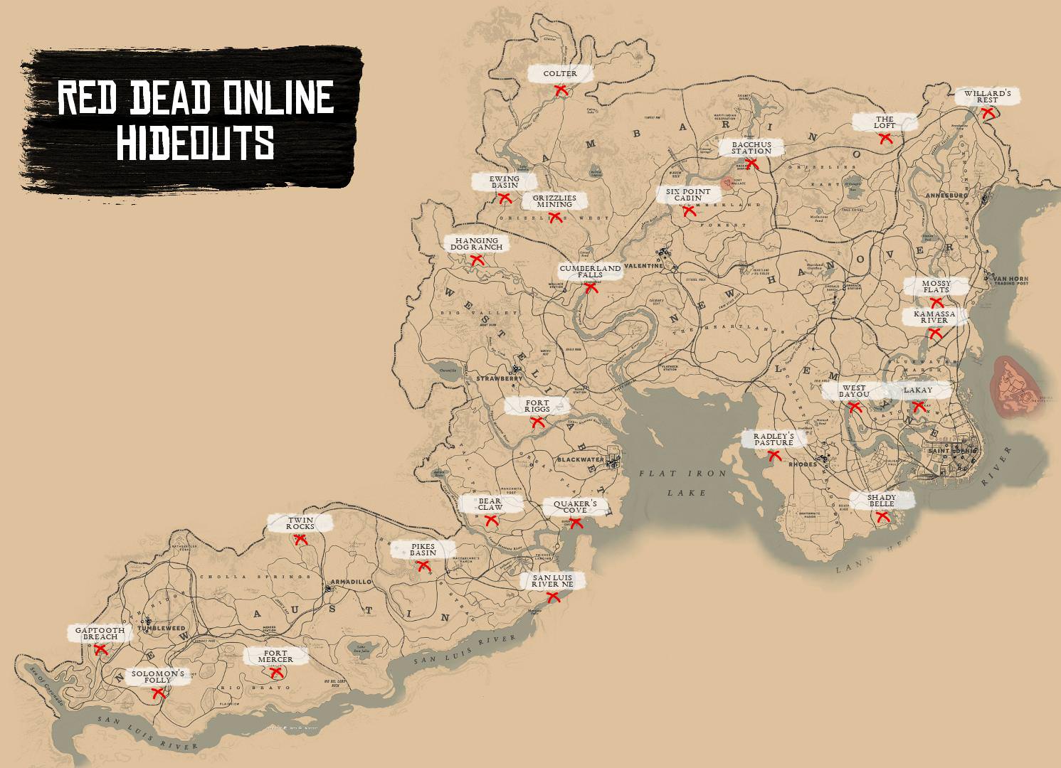 Red Dead Guide: Red Dead Online Hideouts Location World Map