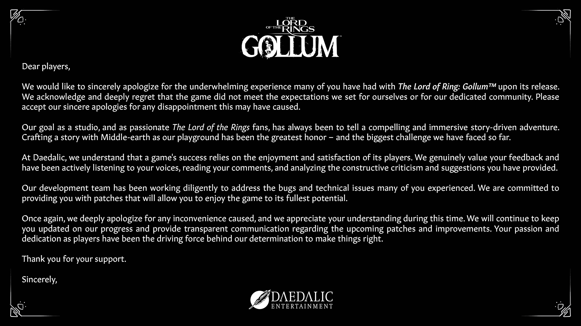 lord of the rings gollum apology letter