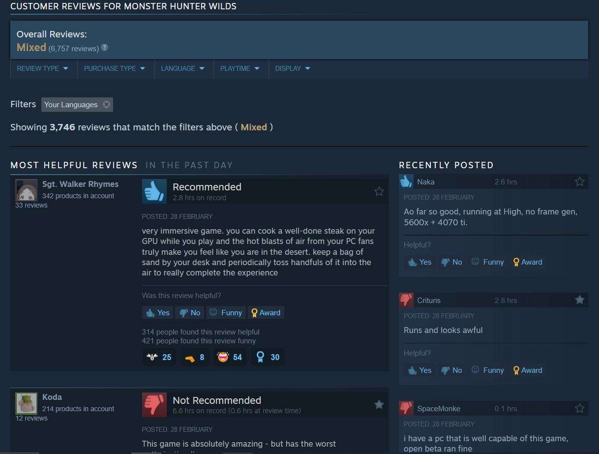 Monster hunter wilds reviews steam