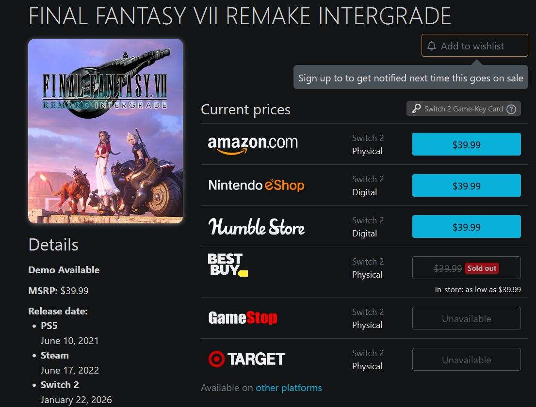Final fantasy vii remake switch 2