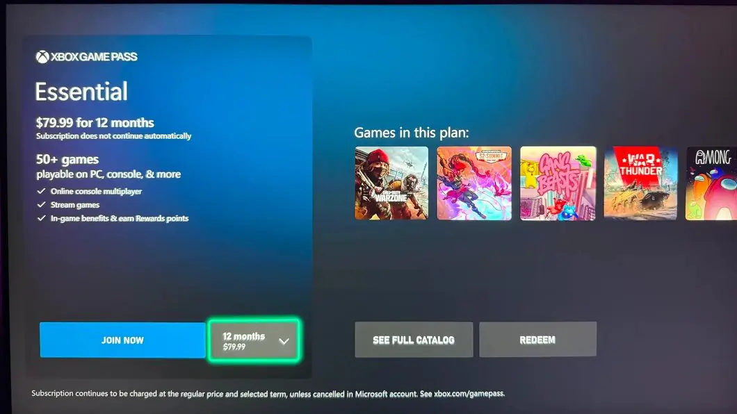 Xbox game pass essential annual subscription